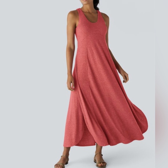 Halara U neck Flowy Maxi dress Sleeveless Side slit Coral Size S NWT Comfy Soft - Picture 11 of 11